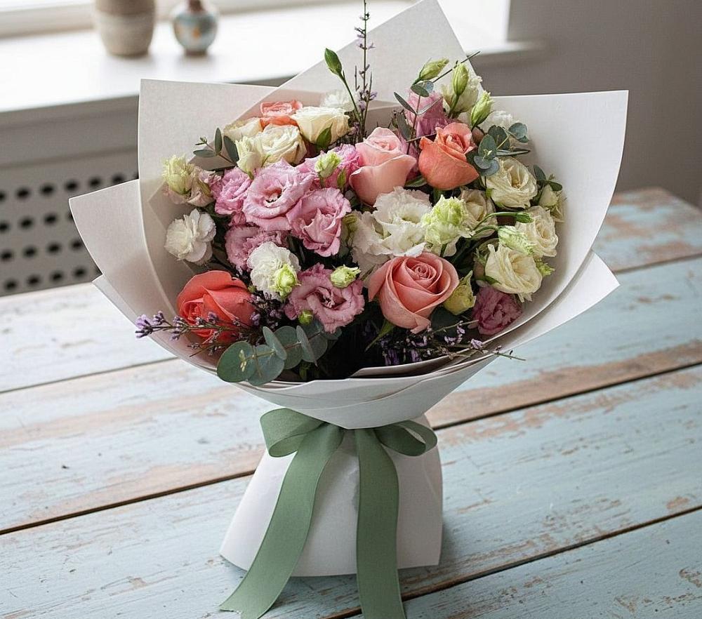 Букет цветов из: Розы, Лизиантусы и Гвоздики в Кореизе